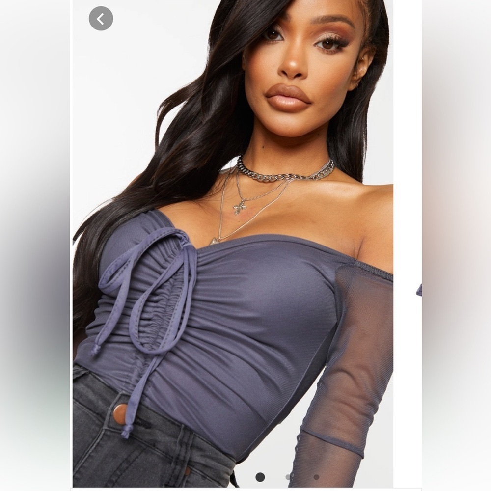 🪩NWT! Pretty Little Thing shape charcoal mesh ruched bodysuit - size 8 - Picture 2 of 12